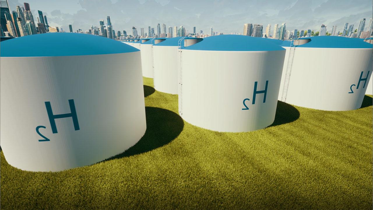 Rendering of round tanks at a hydrogen plant with an urban area in the background