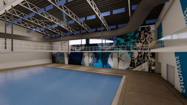 Rendering of a tank at the Special Warfare Training Group Aquatics Tank Facility, with view of observation catwalks