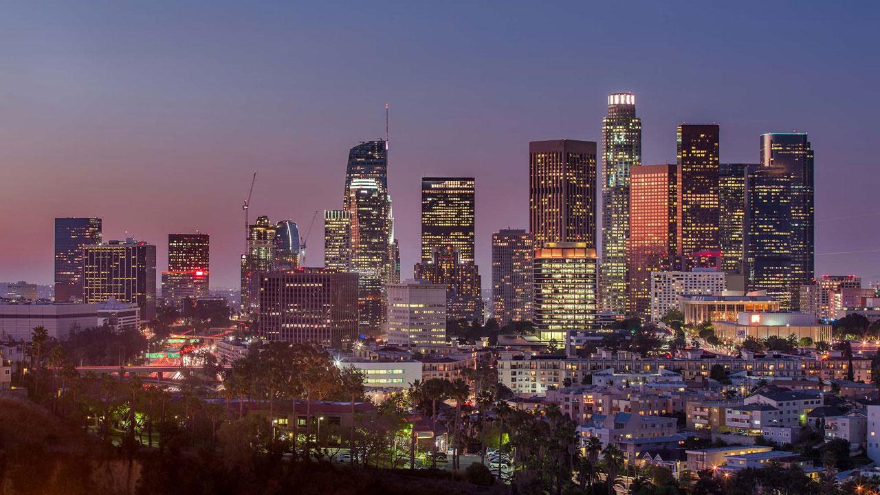 Landscape view of the Los Angeles skyline at sunset