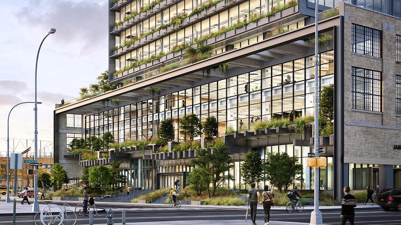 Front Entrance of St. John’s Terminal, featuring pedestrians and greenery